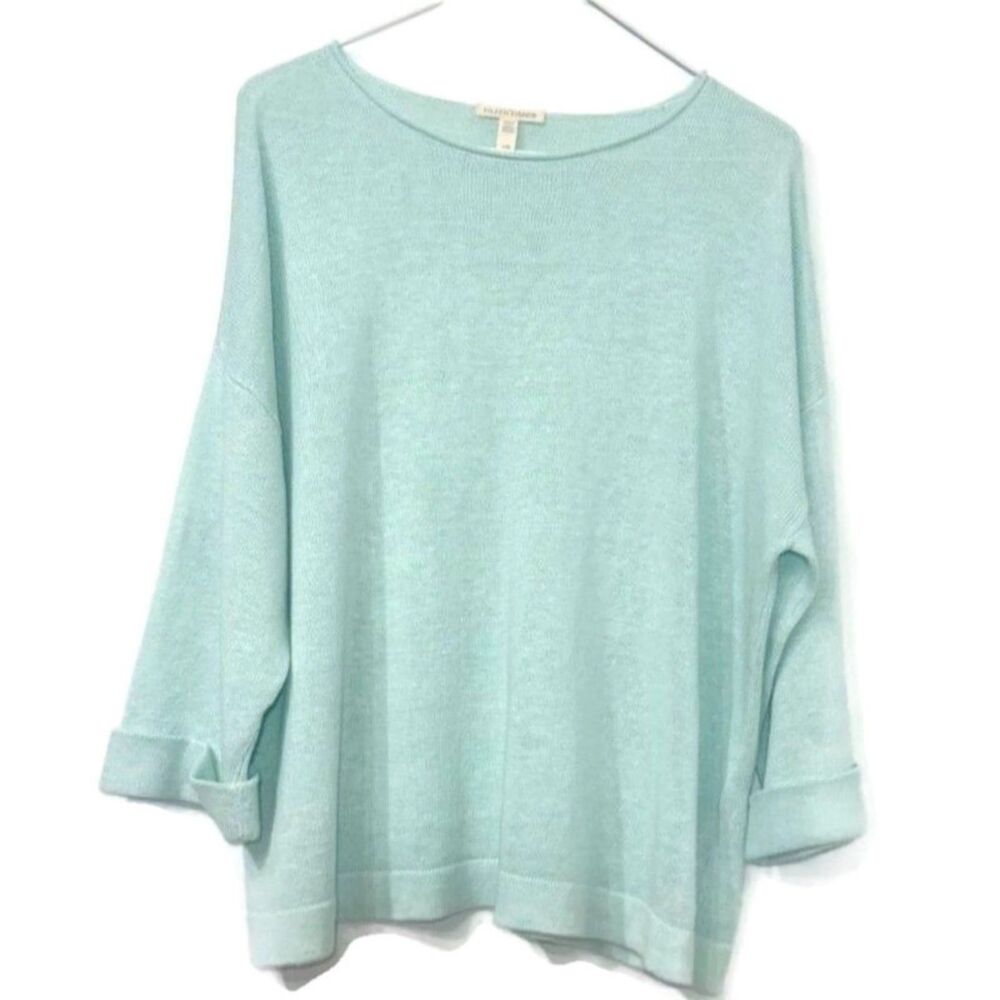 Eileen Fisher Linen Roll Sleeve Sweater - Ocean Blue L